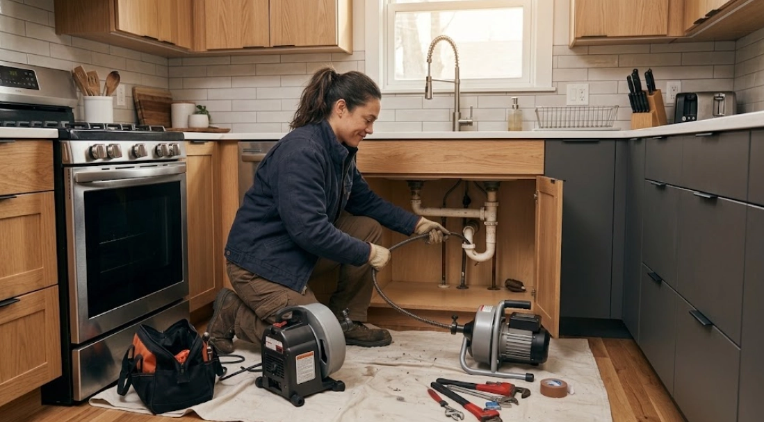 Plumber clearing a clogged kitchen sink drain with motorized snake cable in Middle Village