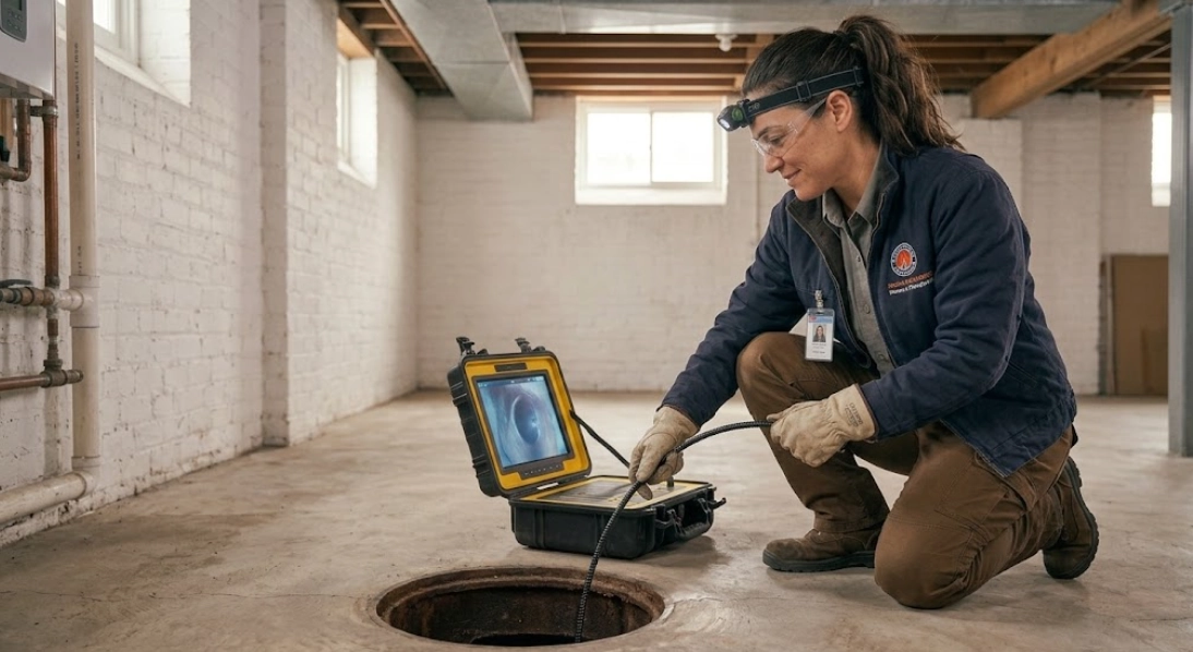 Plumber operating high-resolution sewer camera inspection monitor in a Middle Village basement