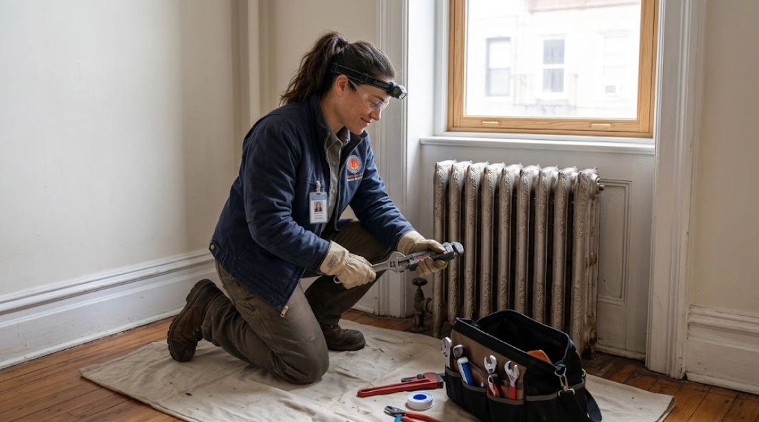 Plumber repairing cast-iron radiator shutoff valve and air vent in Middle Village Queens