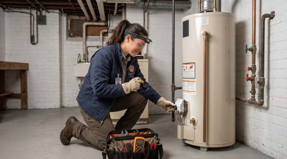 Heating technician testing a gas water heater burner and control valve in a Queens basement